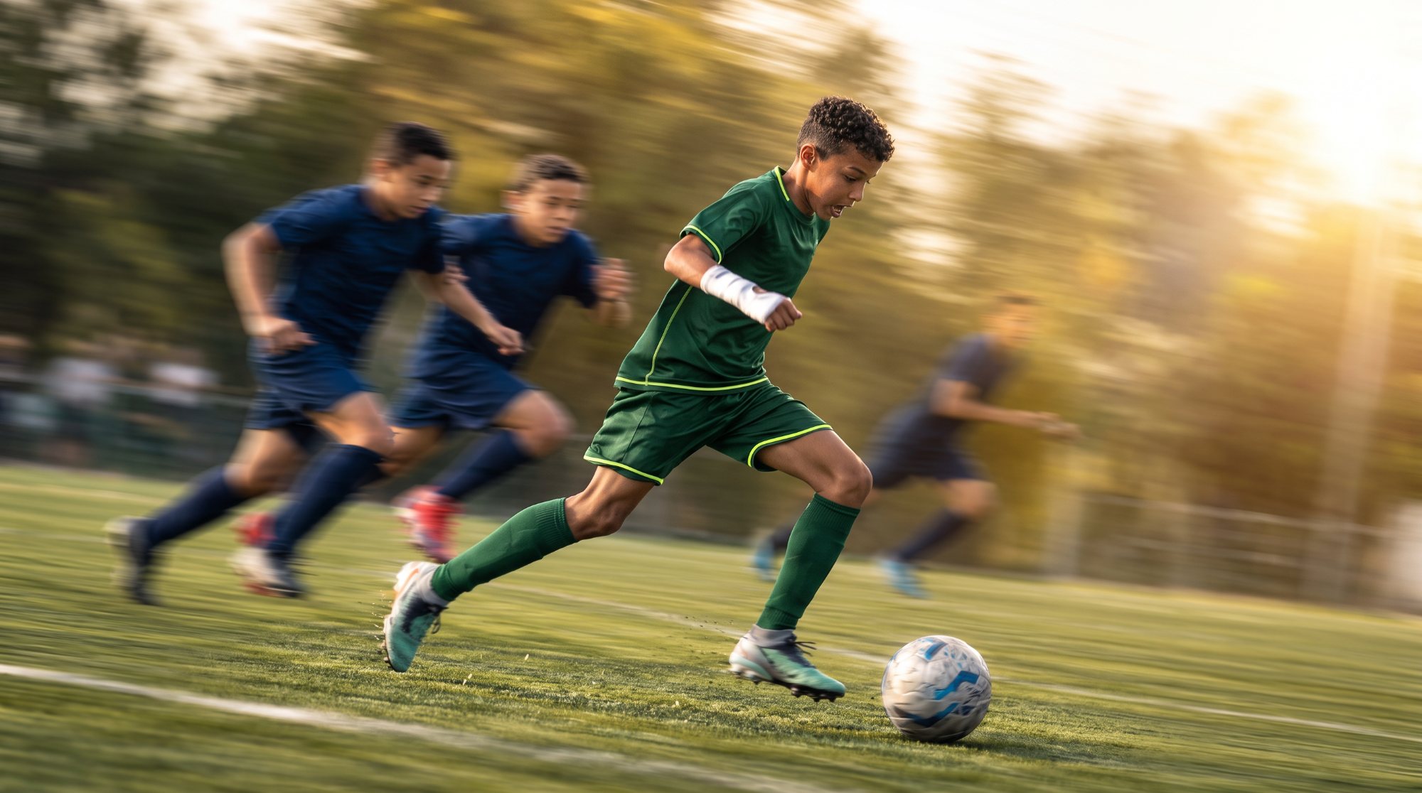لاعب ناشئ بطقم حرّيف الأخضر بيجري بالكورة في الملعب